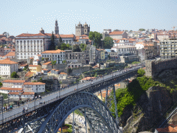 The Ponte Luís I bridge over the Douro river and Porto with the Paço Episcopal do Porto palace, the Torre dos Clérigos tower, the Porto Cathedral and the Muralha Fernandina wall, viewed from the Miradouro da Serra do Pilar viewing point at the Largo Aviz square