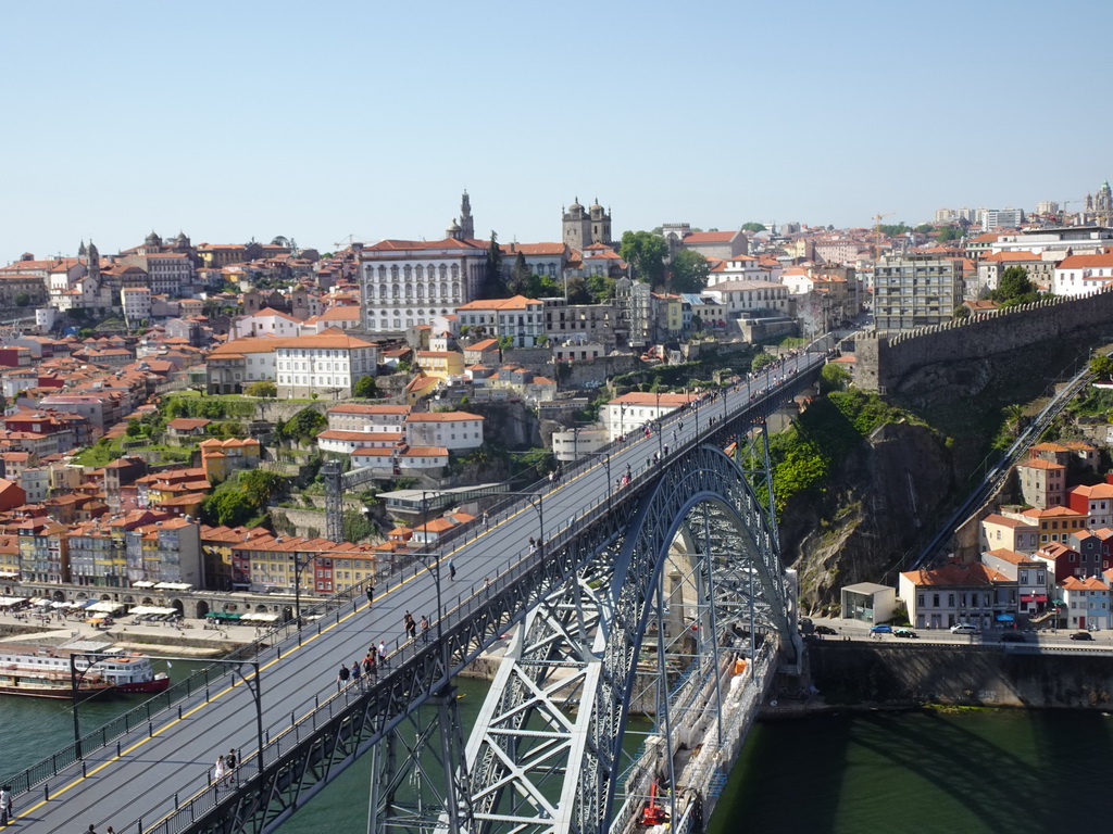 The Ponte Luís I bridge over the Douro river and Porto with the Igreja de Nossa Senhora da Vitória church, the Paço Episcopal do Porto palace, the Torre dos Clérigos tower, the Porto Cathedral and the Muralha Fernandina wall, viewed from the Miradouro da Serra do Pilar viewing point at the Largo Aviz square