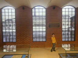 Max in front of an image of the Droste chocalate factory in Haarlem, at the Chocolate Story museum at the WOW Cultural District, with explanation