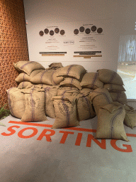 Bags and information on cacao sorting at the Chocolate Story museum at the WOW Cultural District