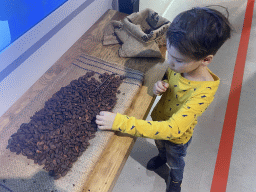 Max with cacao beans at the Chocolate Story museum at the WOW Cultural District