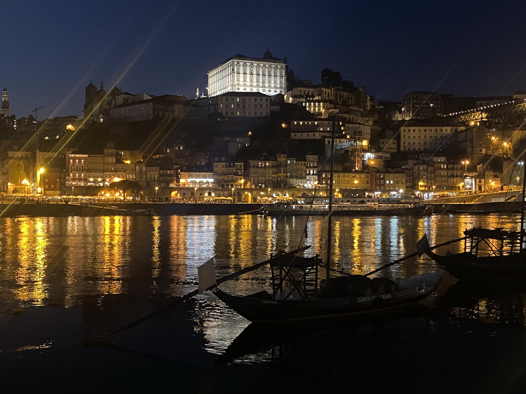 Boats on the Douro river and Porto with the Cais da Ribeira street, the Torre dos Clérigos tower and the Paço Episcopal do Porto palace, viewed from the Avenida de Diogo Leite street, by night