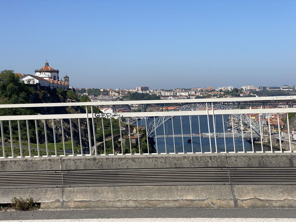 The Ponte Luís I bridge over the Douro river and the Mosteiro da Serra do Pilar monastery, viewed from the taxi on the Ponte Infante Dom Henrique bridge