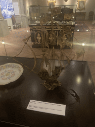 Silver gilt fillgree caravel at the Porto Region Across the Ages museum at the WOW Cultural District, with explanation