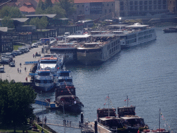 Boats on the Douro river and the Avenida de Ramos Pinto street, viewed from the Gaia Cable Car