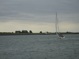 Boat on the National Park Oosterschelde and the Steiger Stavenisse pier, viewed from the Seal Safari boat