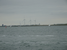 Windmills and the city of Zierikzee, viewed from the Seal Safari boat on the National Park Oosterschelde