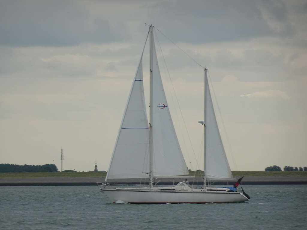 Boat on the National Park Oosterschelde and the tower of the Hervormde Kerk Stavenisse church, viewed from the Seal Safari boat