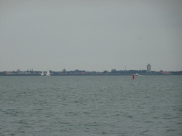 Windmills and the city of Zierikzee, viewed from the Seal Safari boat on the National Park Oosterschelde