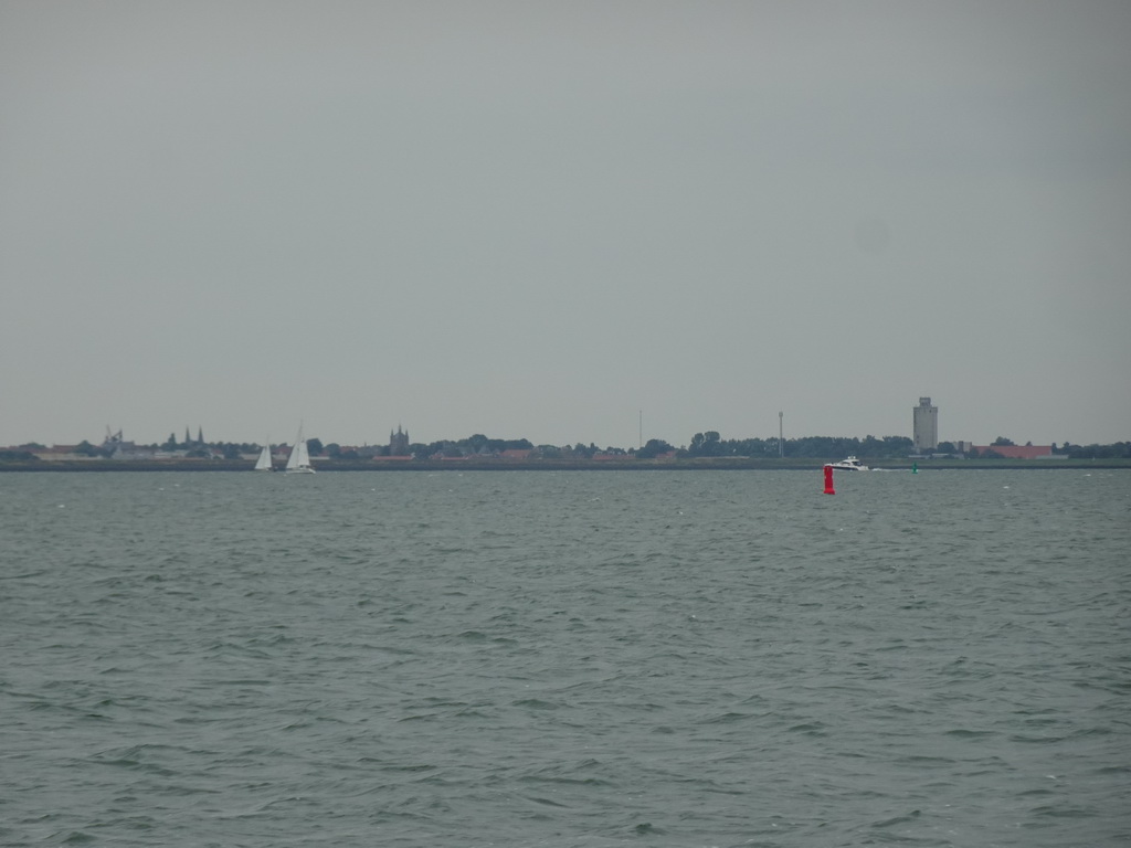 Windmills and the city of Zierikzee, viewed from the Seal Safari boat on the National Park Oosterschelde