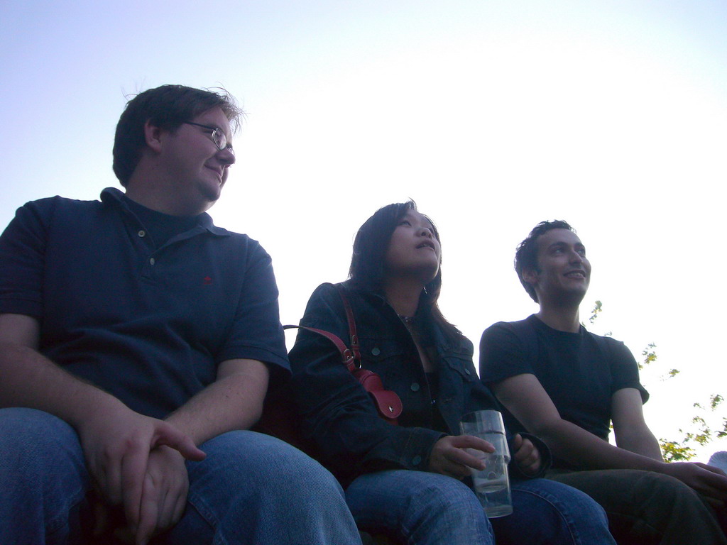 Miaomiao with two friends on a wall at the Torckpark during the Liberation Day festivities