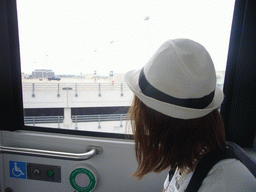 Miaomiao in the shuttle train at Washington Dulles International Airport