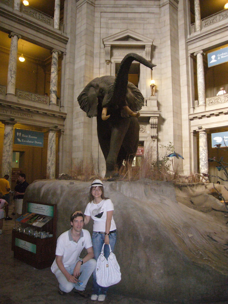 Tim and Miaomiao with the stuffed elephant at the Rotunda of the National Museum of Natural History
