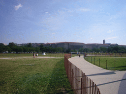 The Ronald Reagan Building and the tower of the Old Post Office Pavilion, from below the Washington Monument