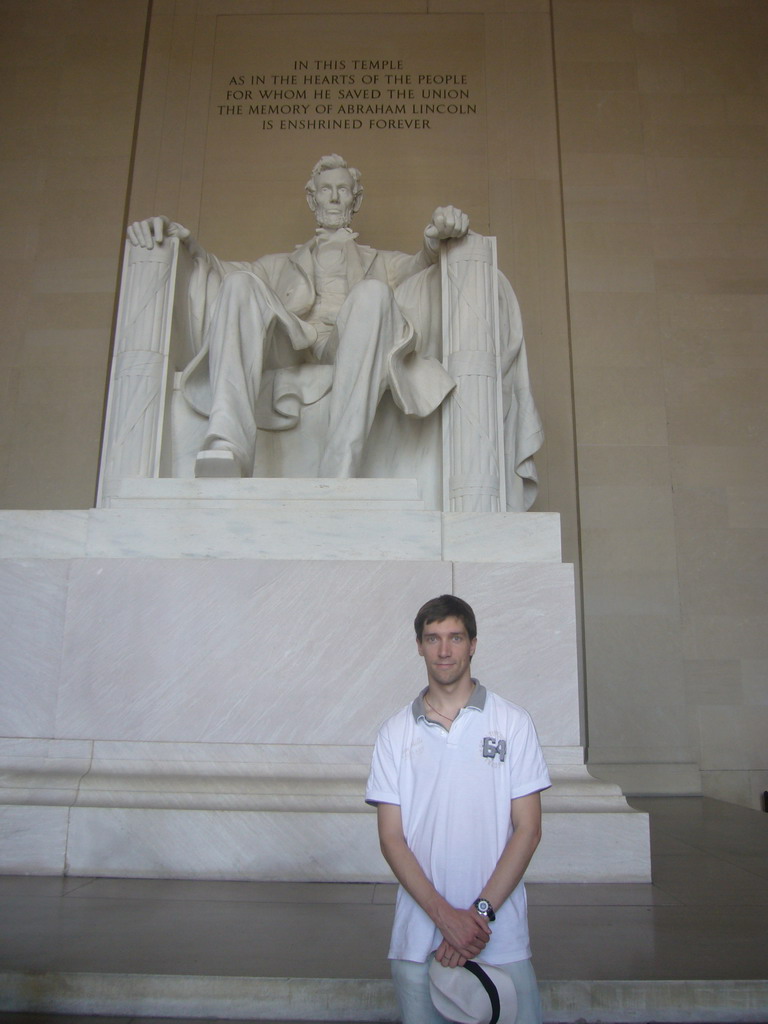 Tim and the statue of Lincoln in the Lincoln Memorial