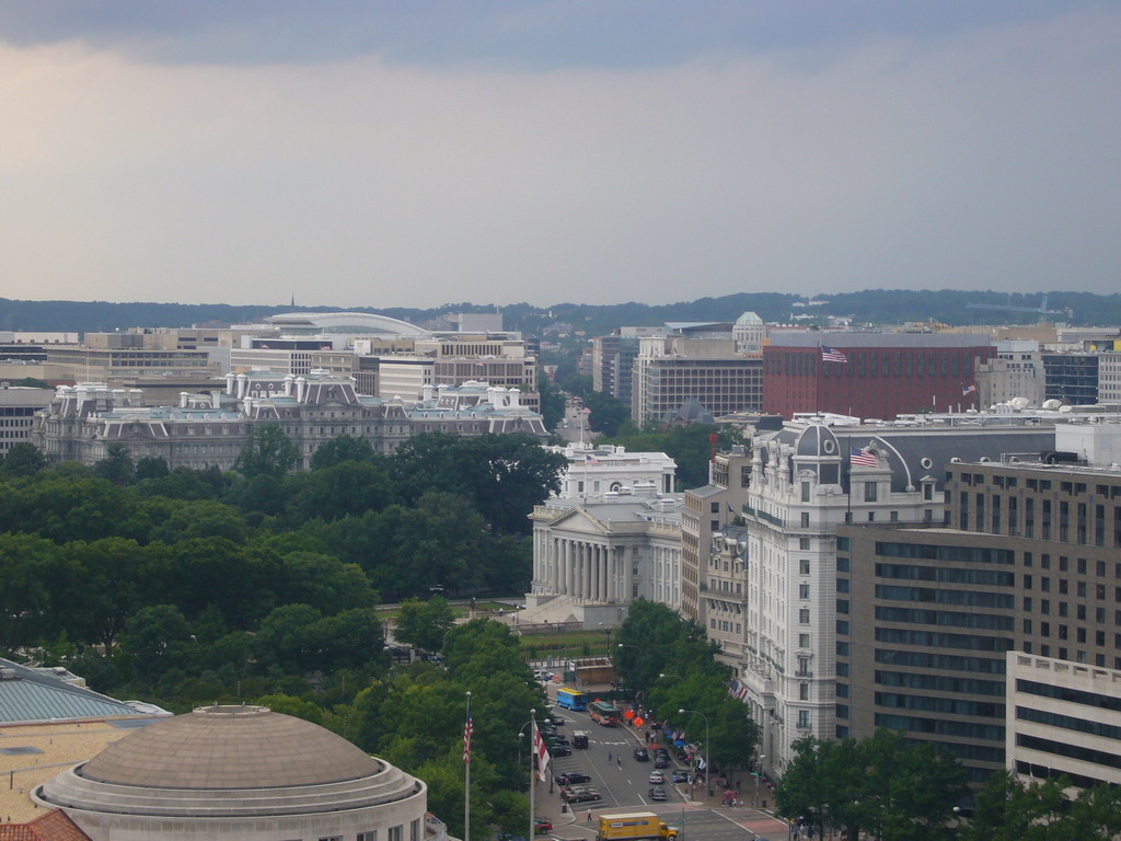 View from the Old Post Office Pavilion on the Ronald Reagan Building, the United States Department of the Treasury and the White House