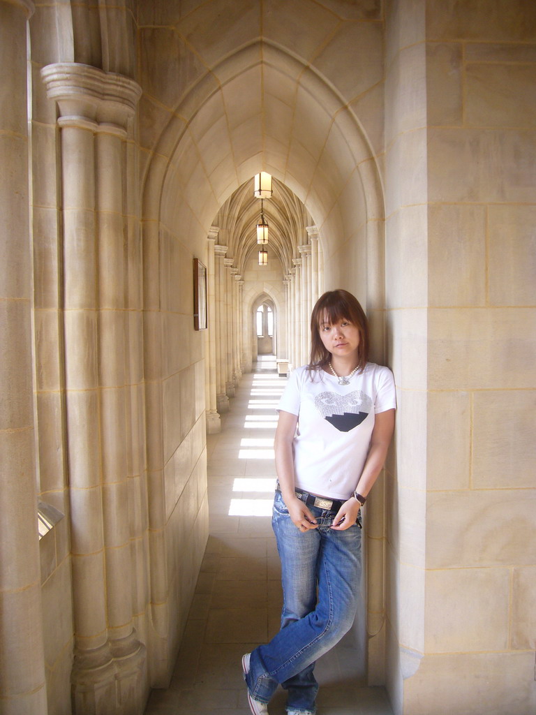 Miaomiao in the hallway on the top floor of the Washington National Cathedral