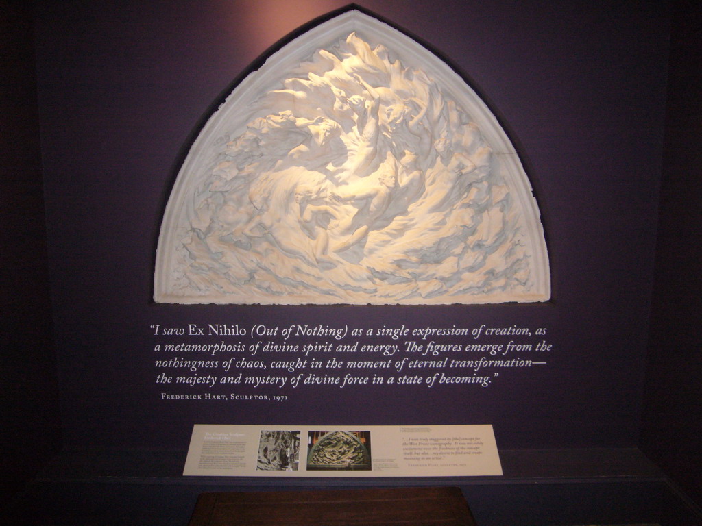 Sculpture, with explanation, on the top floor of the Washington National Cathedral