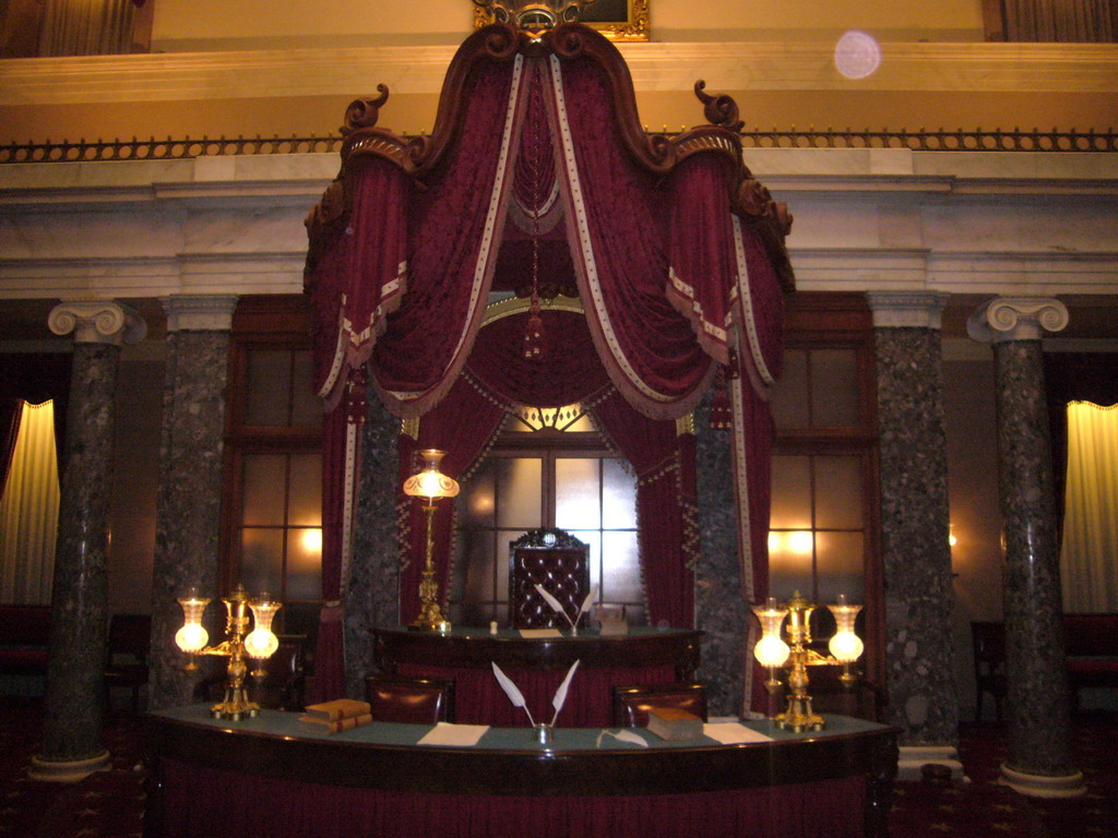 The desks of the President of the Senate, the Secretary of the Senate and the Chief Clerk, in the Old Senate Chamber in the U.S. Capitol