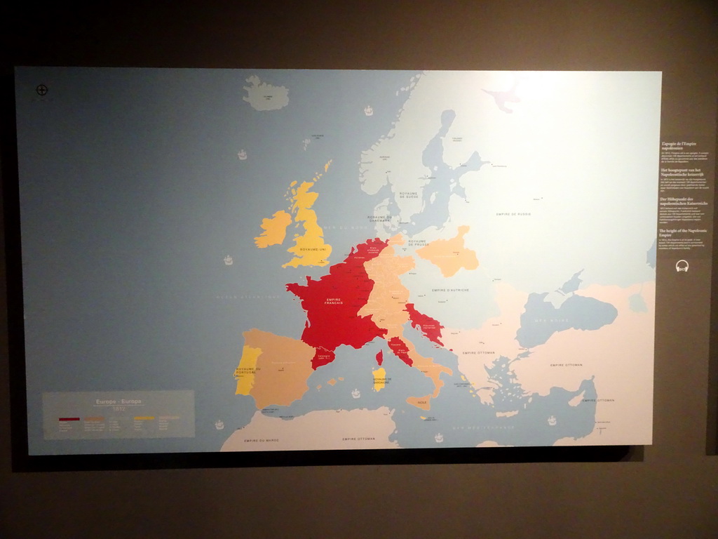 Map `The Height of the Napoleonic Empire` at the Lower Floor of the Mémorial 1815 museum, with explanation
