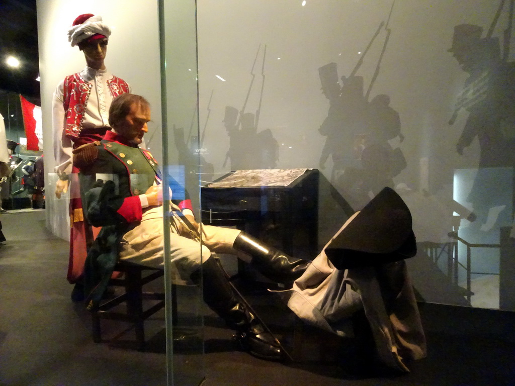 Statues of Napoleon Bonaparte and a servant in the Morning at Napoleon`s Headquarters at the Lower Floor of the Mémorial 1815 museum