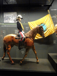 Statue of the Prince of Orange on a horse at the Lower Floor of the Mémorial 1815 museum, with explanation