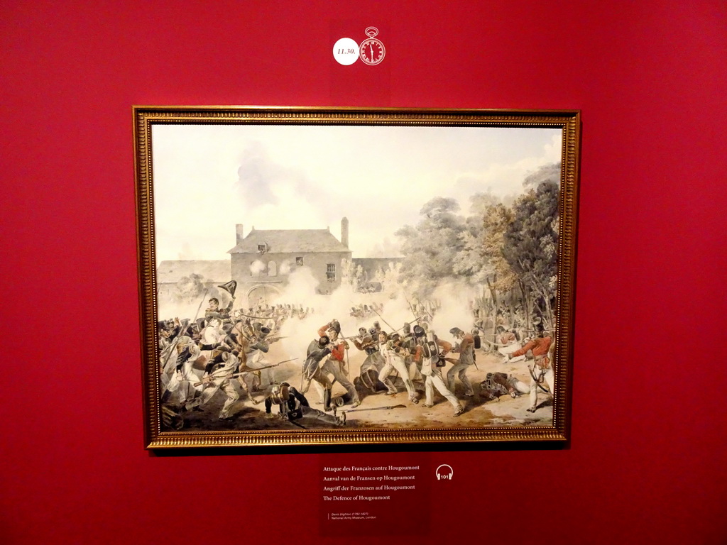 Painting `The Defence of Hougoumont` by Denis Dighton, at 11:30 of the timeline of the Battle of Waterloo, at the Upper Floor of the Mémorial 1815 museum