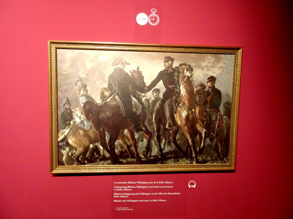 Painting `Blücher and Wellington meet near La Belle Alliance` by Adolf von Menzel, at 21:00 of the timeline of the Battle of Waterloo, at the Upper Floor of the Mémorial 1815 museum