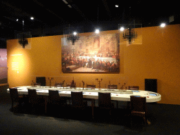 Painting `The Banquet after the Battle of Waterloo` by William Salter and a banquet table, at the Upper Floor of the Mémorial 1815 museum