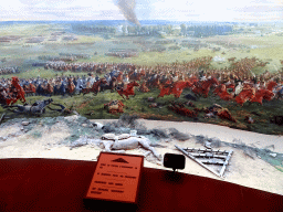 Section `Hougoumont Farm Burning` of the Panorama of the Battle of Waterloo, viewed from the Upper Floor of the Panorama of the Battle of Waterloo building, with explanation