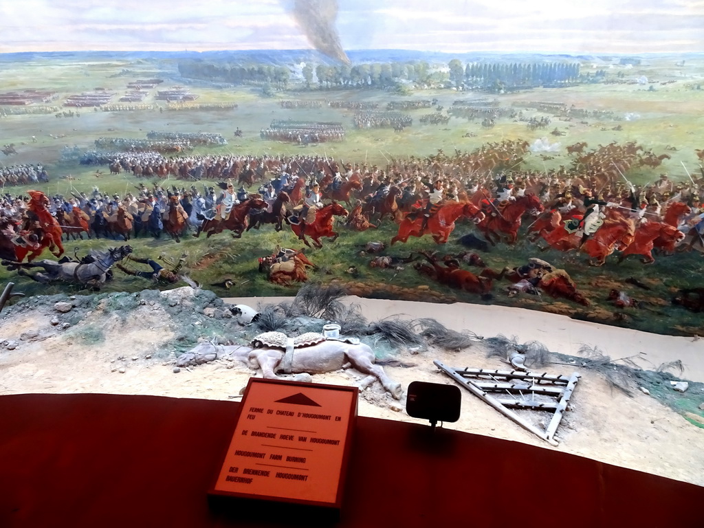 Section `Hougoumont Farm Burning` of the Panorama of the Battle of Waterloo, viewed from the Upper Floor of the Panorama of the Battle of Waterloo building, with explanation