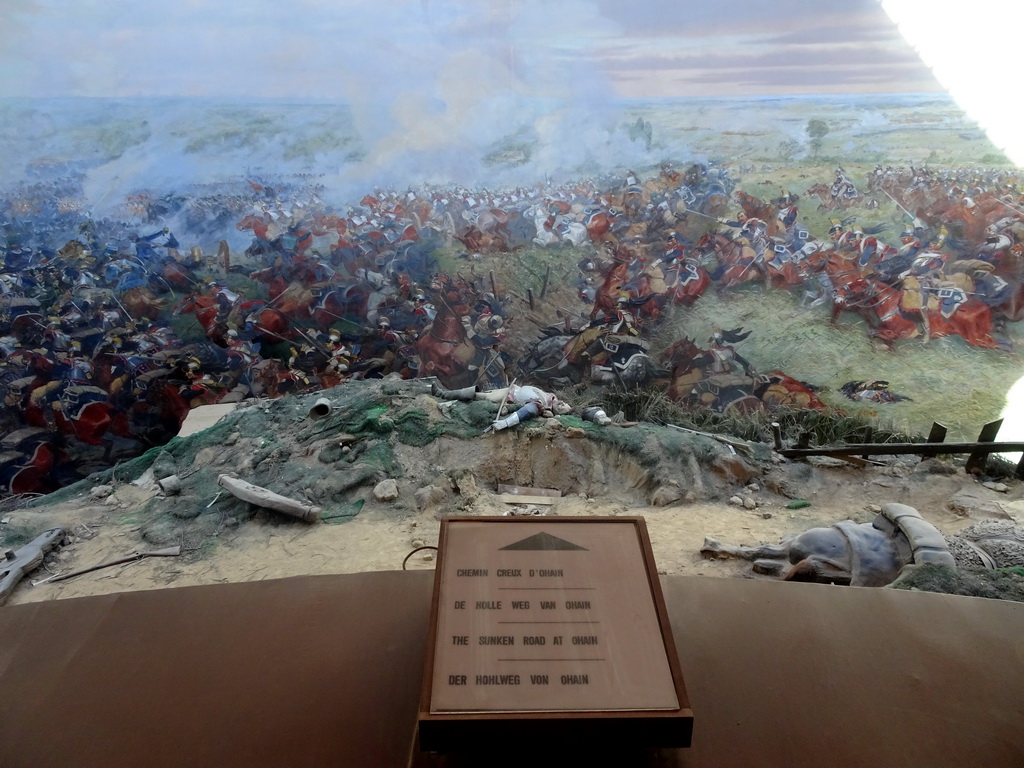 Section `The Sunken Road at Ohain` of the Panorama of the Battle of Waterloo, viewed from the Upper Floor of the Panorama of the Battle of Waterloo building, with explanation