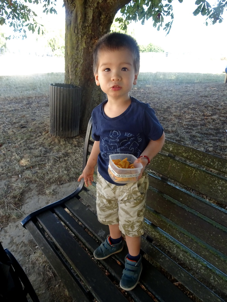 Max with chips on a bench near the Lion`s Mound