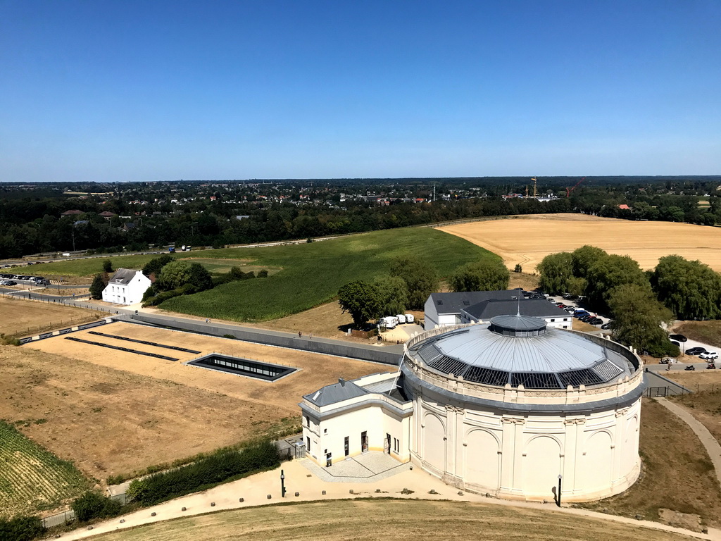 The area north of the Lion`s Mound with the Route du Lion road, the Mémorial 1815 museum, the Panorama of the Battle of Waterloo building and the Le Bivouac de l`Empereur restaurant, viewed from the top