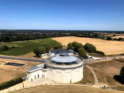 The area north of the Lion`s Mound with the Route du Lion road, the Mémorial 1815 museum, the Panorama of the Battle of Waterloo building and the Le Bivouac de l`Empereur restaurant, viewed from the top