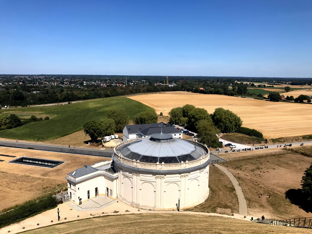 The area north of the Lion`s Mound with the Route du Lion road, the Mémorial 1815 museum, the Panorama of the Battle of Waterloo building and the Le Bivouac de l`Empereur restaurant, viewed from the top