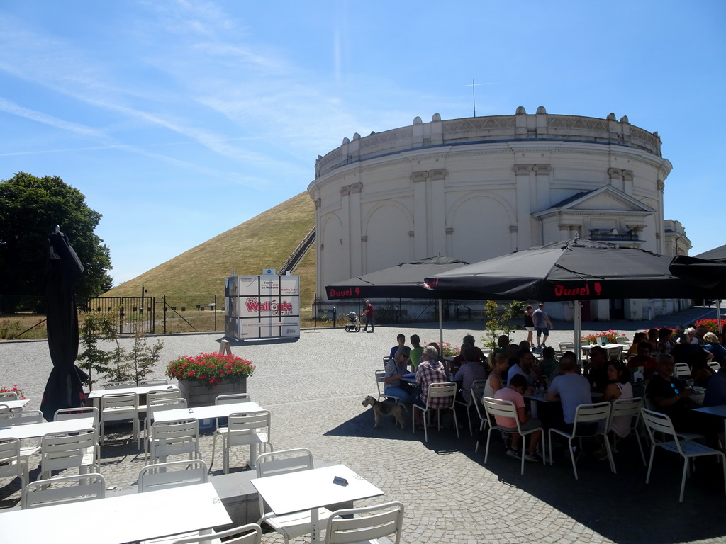 The Panorama of the Battle of Waterloo building and the Lion`s Mound, viewed from the terrace of the Le Bivouac de l`Empereur restaurant