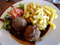 Meatballs and fries at the Le Bivouac de l`Empereur restaurant