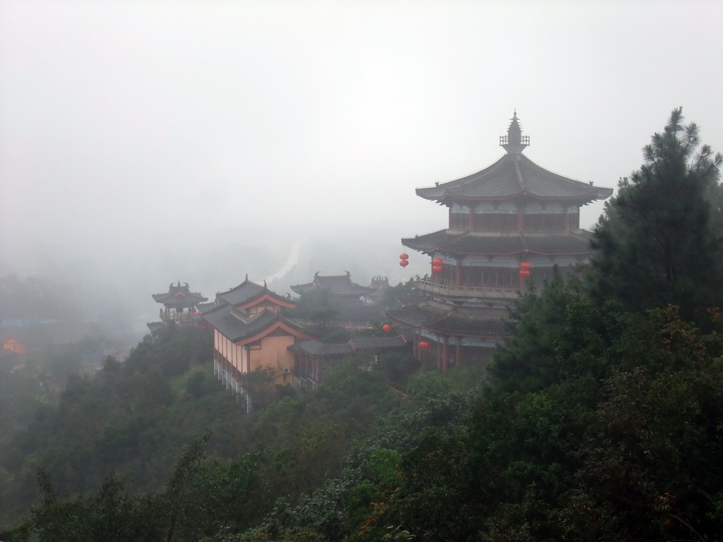 Temples and pavilion at the south part of the Yuchan Palace, viewed from a higher level of a temple, at the Hainan Wenbifeng Taoism Park