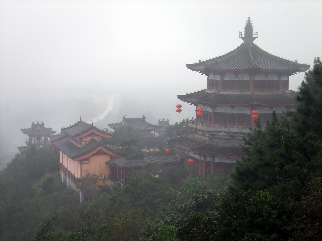 Temples and pavilion at the south part of the Yuchan Palace, viewed from a higher level of a temple, at the Hainan Wenbifeng Taoism Park