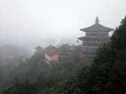 Temples and pavilion at the south part of the Yuchan Palace, viewed from a higher level of a temple, at the Hainan Wenbifeng Taoism Park