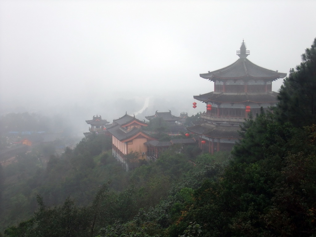 Temples and pavilion at the south part of the Yuchan Palace, viewed from a higher level of a temple, at the Hainan Wenbifeng Taoism Park