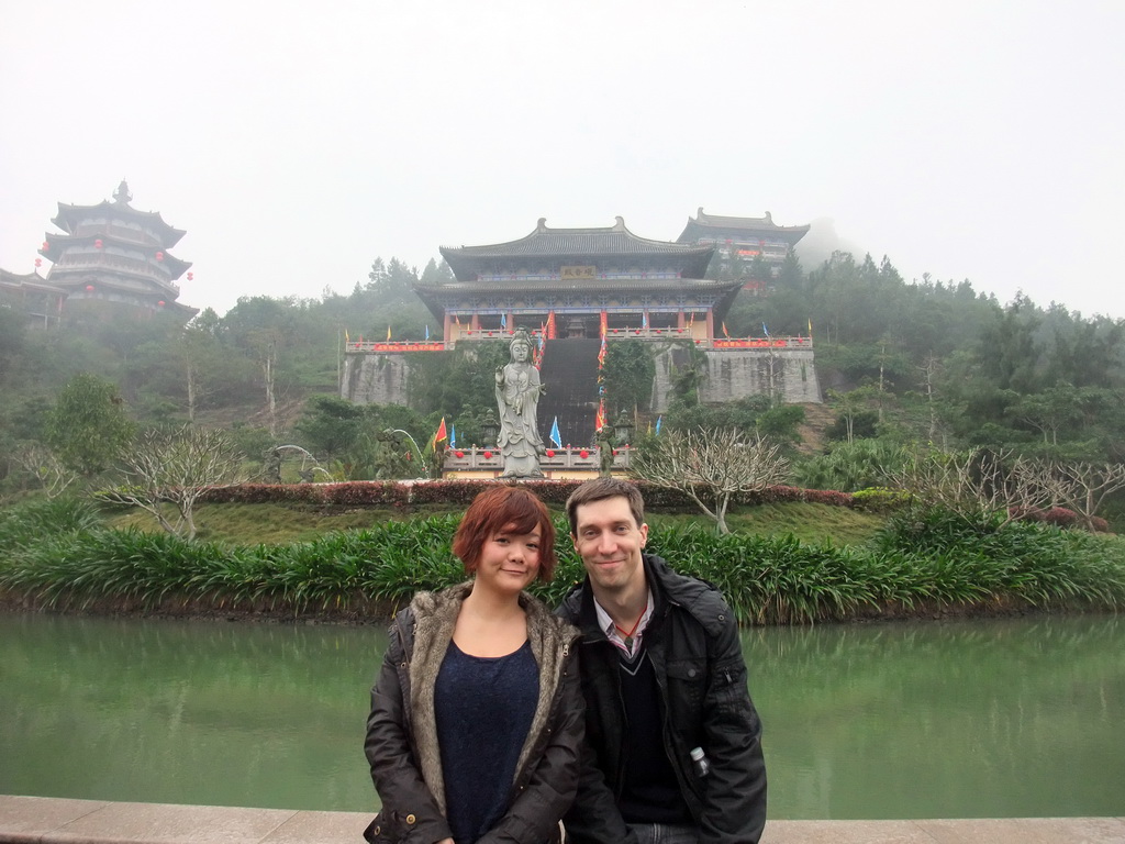 Tim and Miaomiao at the pool, Buddha statue and the eastern staircase to the Yuchan Palace at the Hainan Wenbifeng Taoism Park