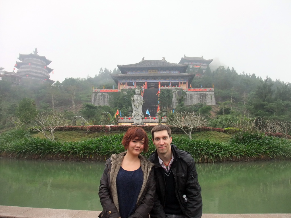 Tim and Miaomiao at the pool, Buddha statue and the eastern staircase to the Yuchan Palace at the Hainan Wenbifeng Taoism Park