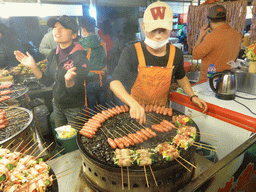 Meat on a barbecue at a snack stall at the Taiwan Snack Street at Renhe Road