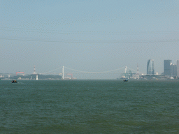 The Haicang Bridge between the Huoshao Islet and Xiamen Island over Xiamen Bay, viewed from the ferry to Gulangyu Island