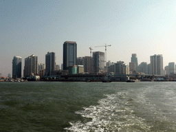 Skyscrapers at the southwest side of Xiamen Island, Xiamen BRT line nr. 1, Port nr. 1 and Xiamen Bay, viewed from the ferry to Gulangyu Island