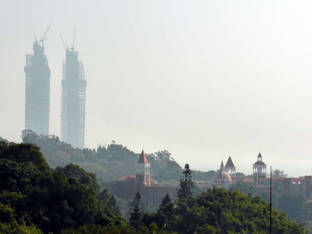 Buildings at the Qinyuan Garden at Gulangyu Island and two skyscrapers under construction at the southwest side of Xiamen Island, viewed from Jishan Road