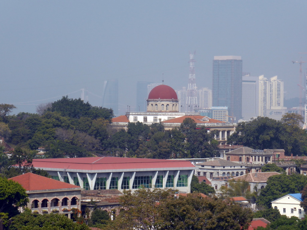 The dome of the Gulangyu Organ Museum at Gulangyu Island and skyscrapers at the south west side of Xiamen Island, viewed from the Zheng Chenggong Memorial Hall