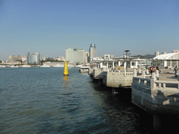 Ferry Quay Terminal at the east side of Gulangyu Island, skyscrapers at the west side of Xiamen Island and Xiamen Bay